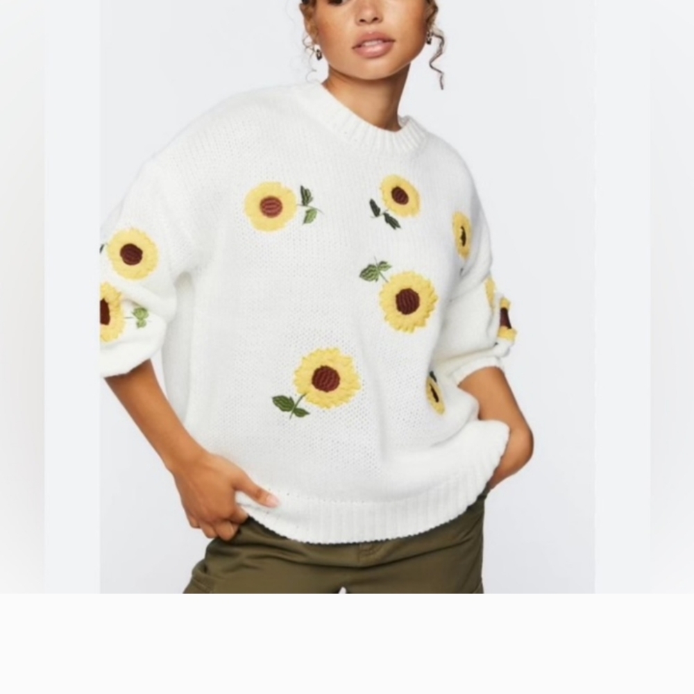 Forever 21 White Sweater with Sunflower Embroidery
